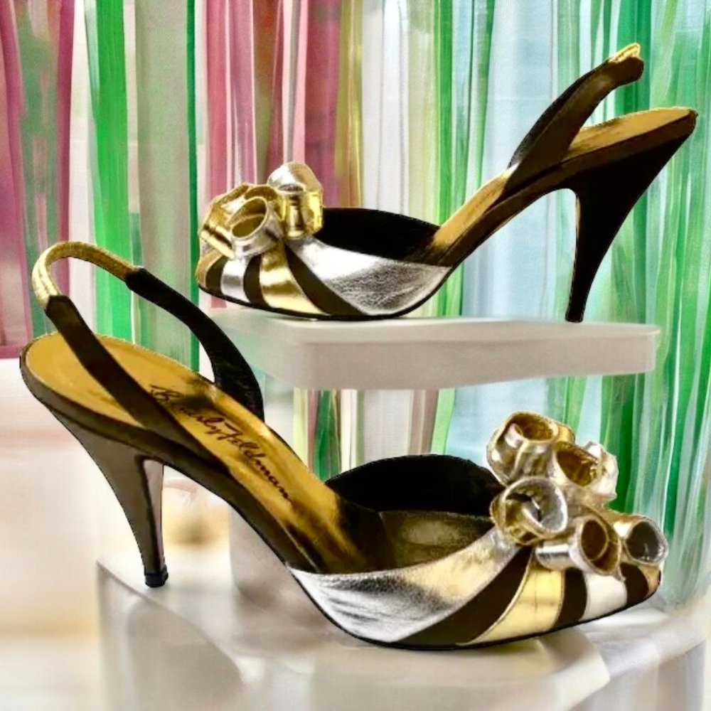 Beverly Feldman Vtg 80's Metallic Silver & Gold Leather Slingback Pump AS IS